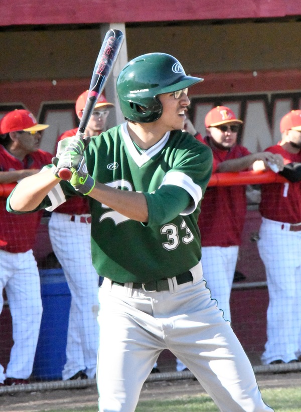 East Los Angeles College baseball team designated hitter Zech Jarrard pounds two hits in a 3-0 win over Mt. San Jacinto College. (Photo by DeeDee Jackson)