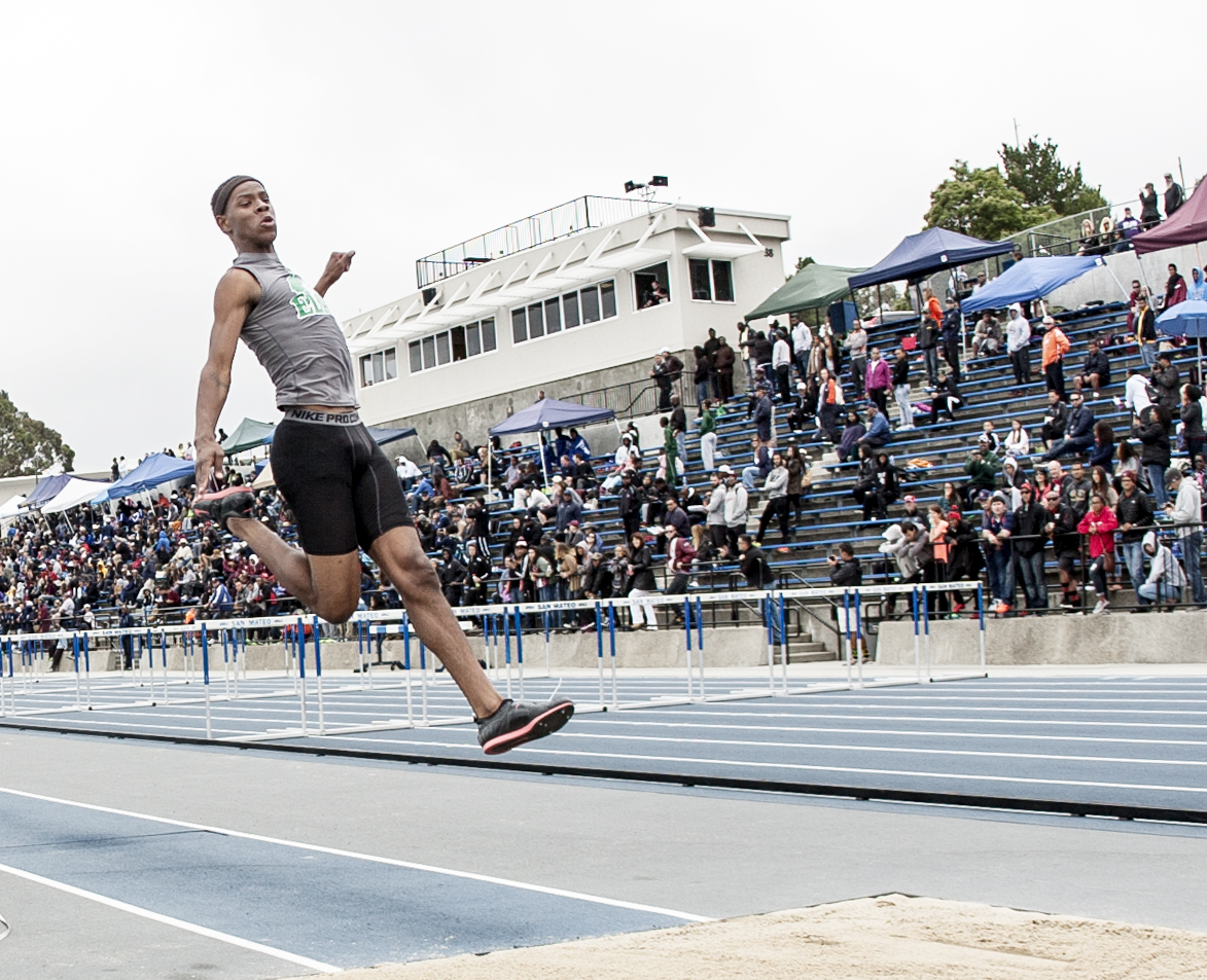 East Los Angeles College men's T&F team took second through fourth places in the long jump won by BYU at the San Diego State University Aztec Open on March 23. Joshua Taylor placed second. The photo is from the 2015 state finals when he won All-American with this triple jump. (Photo by Tadzio Garcia)