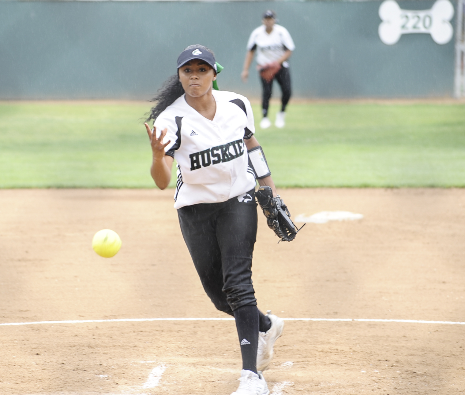 One out away from a loss, the Huskies softball team shocked Chaffey College 10-7 scoring seven runs in the top of the seventh inning. Majisty Shomo (pictured) threw a strike out and winning pitcher Angelita Villalvazo threw two. (Photo by Tadzio Garcia)