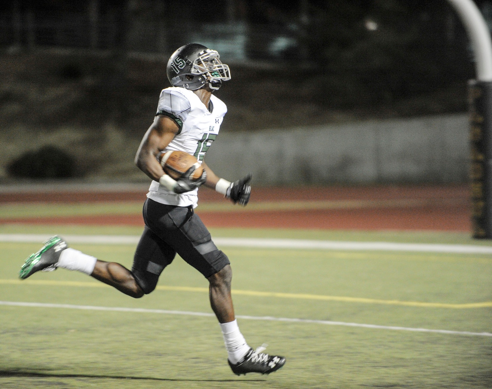 East Los Angeles College sophomore wide receiver Karon Cooper is about to score a touchdown from a 50-yard reception in a 42-14 win on the road vs. Pasadena City College. (Photo by Tadzio Garcia)