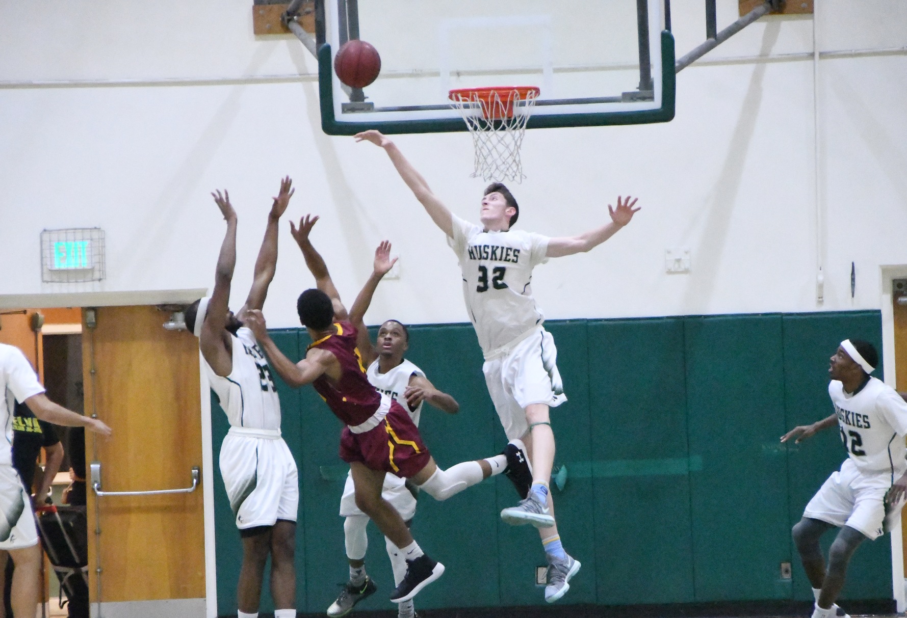 East Los Angeles College forward Jacob Tryon attempts a block in an 82-52 win vs. Pasadena City. ELAC split its games this week. (Photo by DeeDee Jackson)