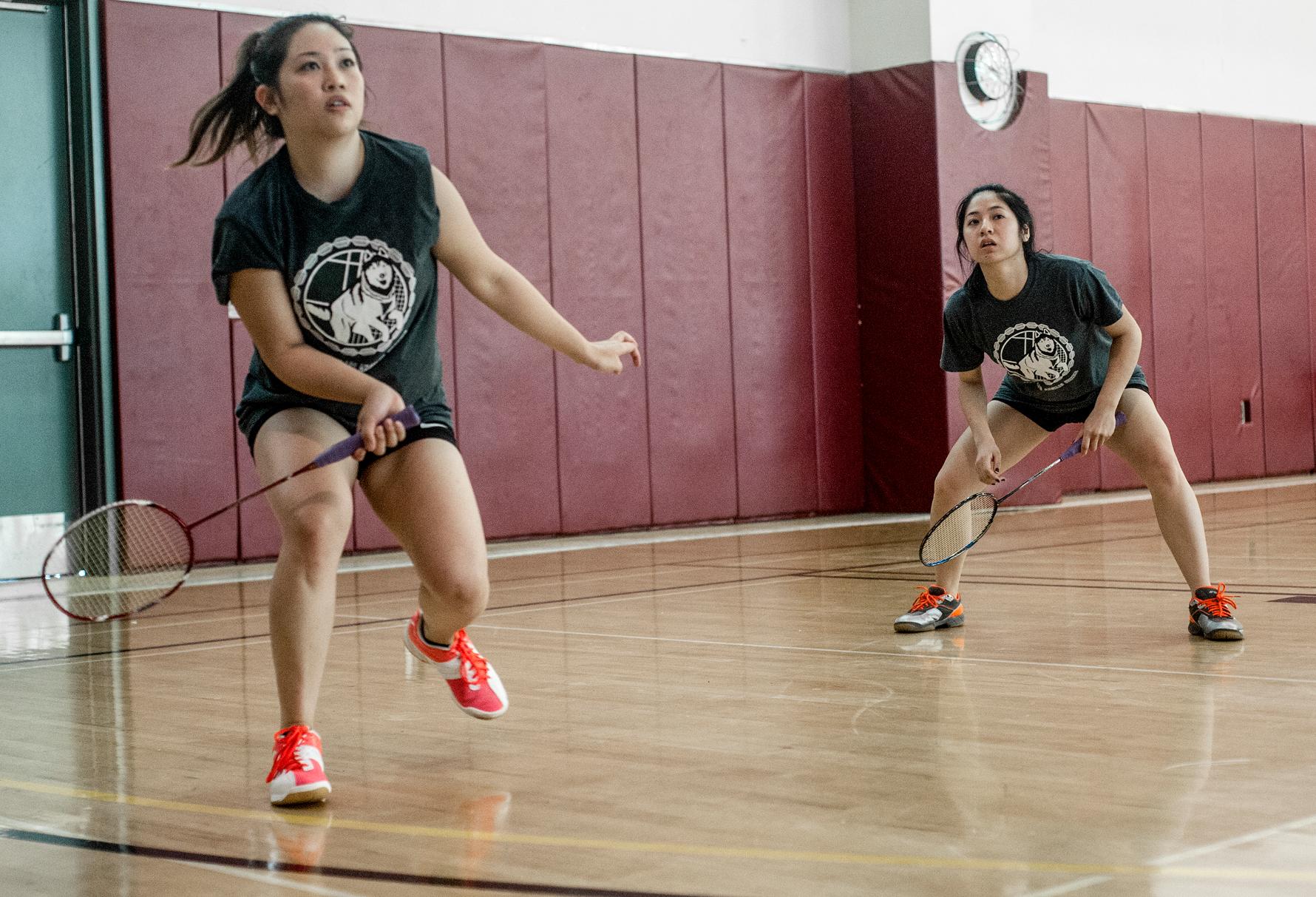 The East Angeles College badminton duo of Jean Mornelle Buenaflor (right) and Serena Lieu wait for a return shot against the CCCAA defending state champion doubles team from Pasadena City College won by ELAC 21-15, 21-15 in a 15-6 team loss to the Lancers.