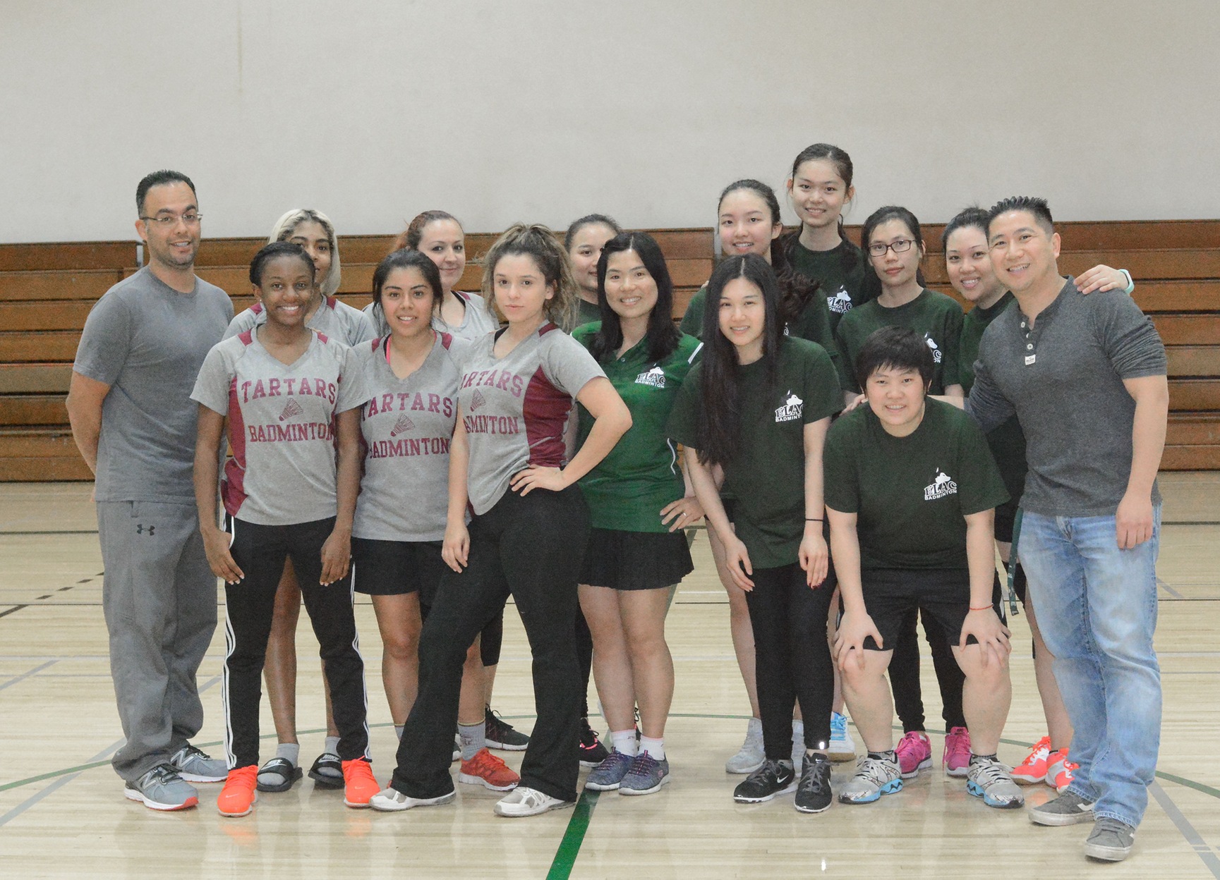 Badminton teams from East Los Angeles College and ECC Compton Center with coaches Qui Nguy and Lena Zeng (both from ELAC) and Tony Diaz (Compton). (Photo by Tadzio Garcia)