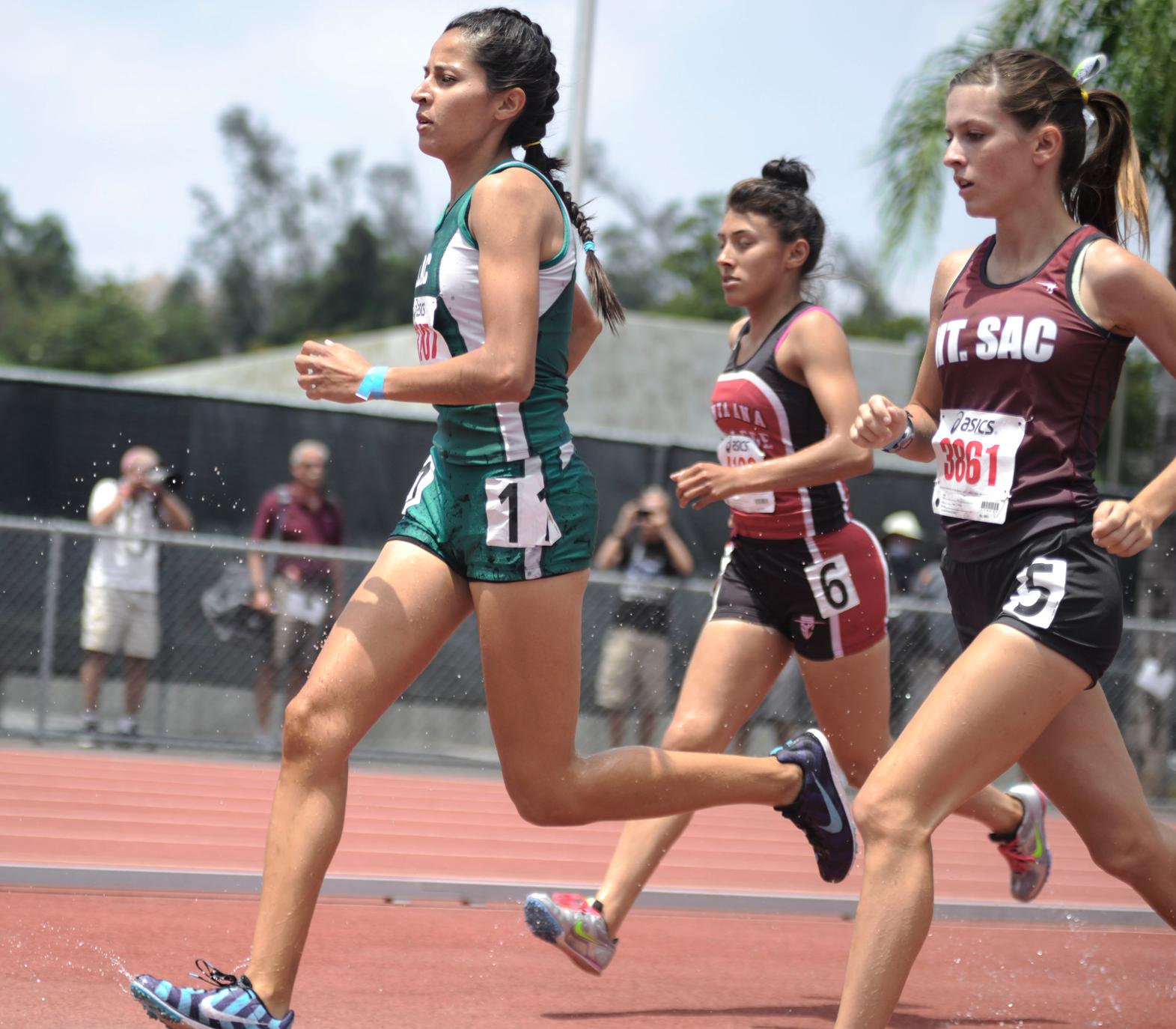 Five-time ELAC All-American Laura Aceves, who competes for Cal State San Bernardino, is pictured in the 2014 CCCAA SoCal Championships steeplechase run, which she won as a Husky.