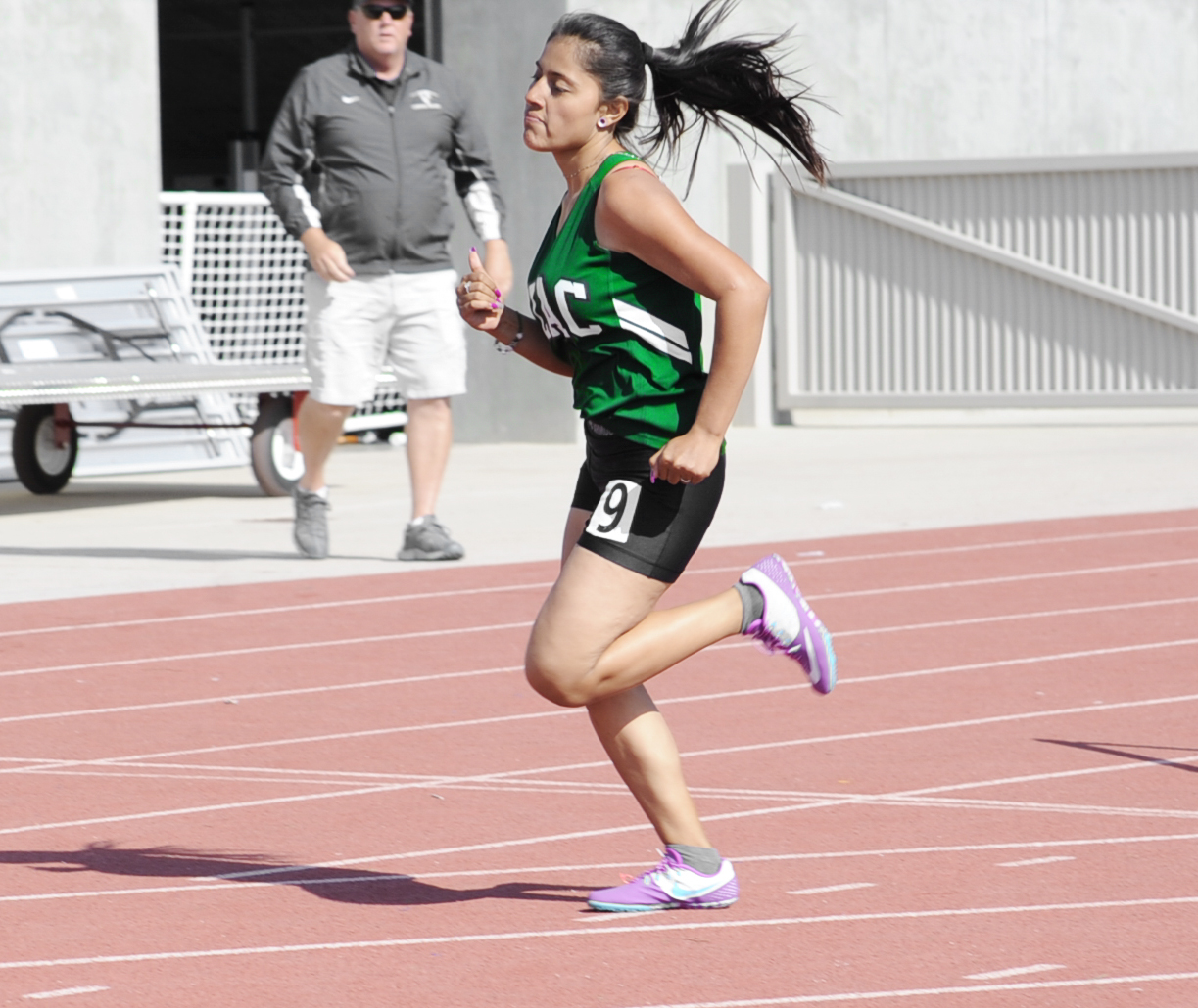 Freshman Yesenia Carias, pictured, of the East Los Angeles College Women's T&F team ran a personal record today in the 800-meter run in the SCC Prelims and moves on to the SCC Championships on Friday, April 27. (Photo by Tadzio Garcia)