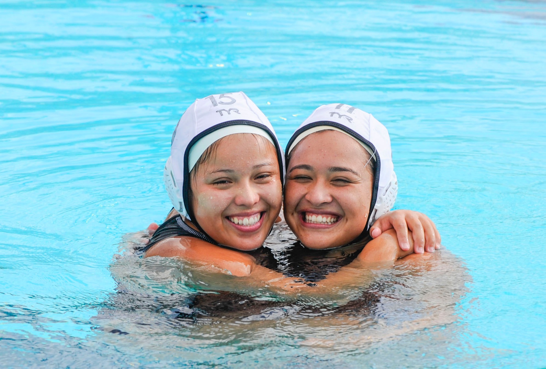 Allyson Jimenez (right) scored 7 goals in a 12-11 East Los Angeles College water polo win vs. Chaffey College. She scored 40 goals in October while Amy Cervantes scored 33. (Photo by Tadzio Garcia)